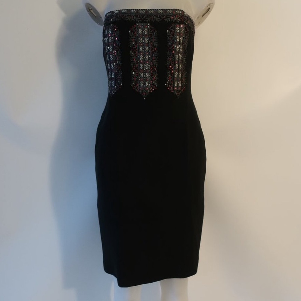 David Meister Elegant Black Strapless Dress with Embroidery Cocktail Dress, Boho